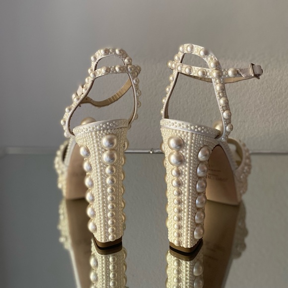 New Sacaria 120 White Satin Platform Sandals with All-Over Pearl Embellishment - Picture 13 of 16